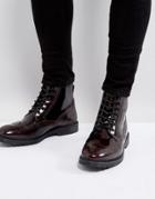 Asos Lace Up Brogue Boots In Burgundy Leather With Ribbed Sole - Red