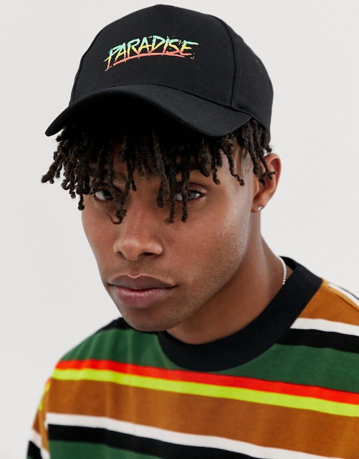 Asos Design Baseball Cap In Black With 'paradise' Print - Black