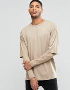Asos Oversized Long Sleeve T-shirt With Rib Double Layer Sleeves In Beige - Beige