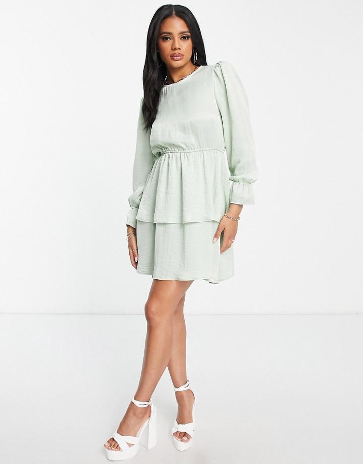Flounce London Tiered Mini Dress In Sage Satin-green