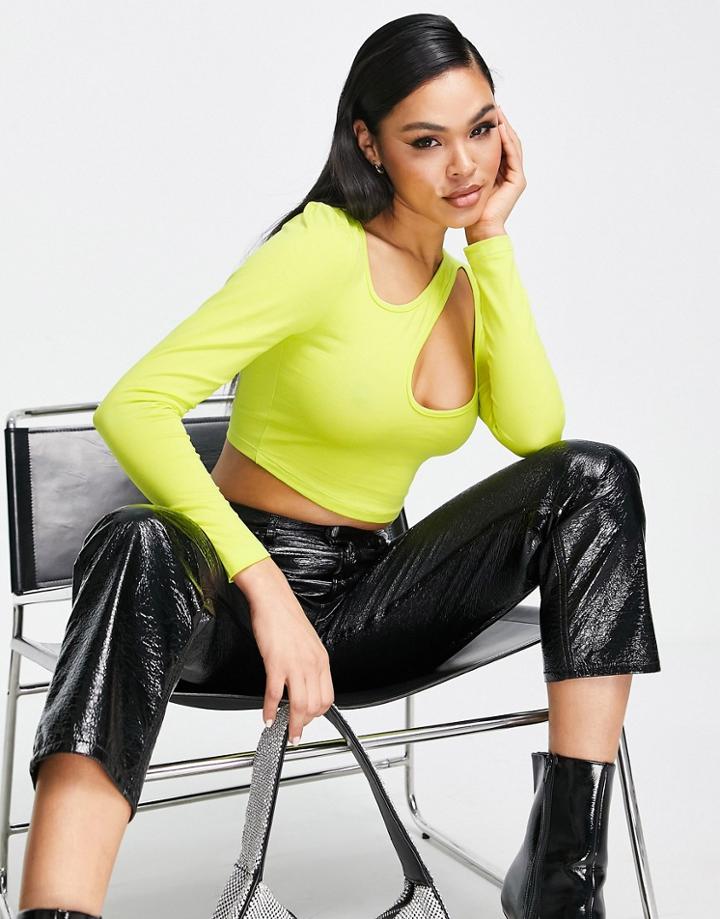 Asos Design Asymmetric Crop Top With Long Sleeve And Keyhole In Lime-green