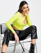 Asos Design Asymmetric Crop Top With Long Sleeve And Keyhole In Lime-green