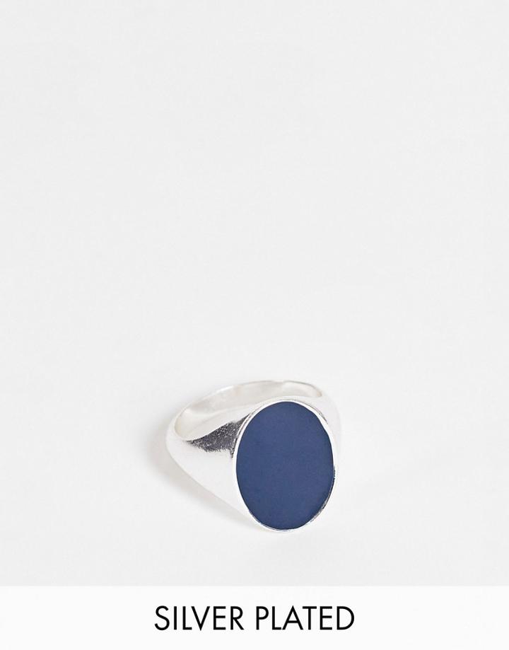 Asos Design Signet Ring With Oversized Navy Stone In Real Silver Plate