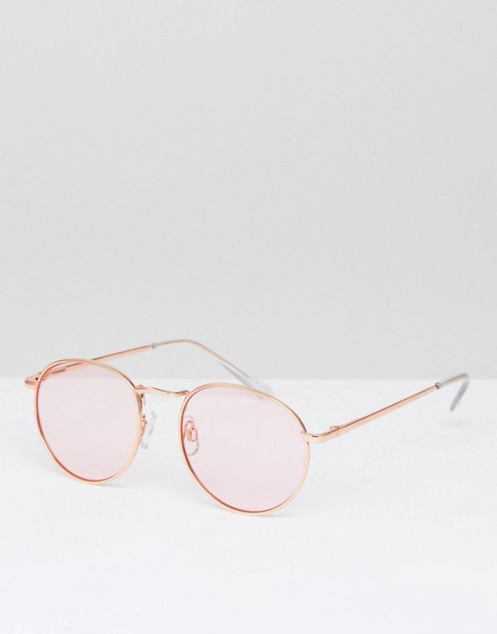 Asos 90s Round Fashion Sunglasses In Pink Metal With Pink Lens - Pink