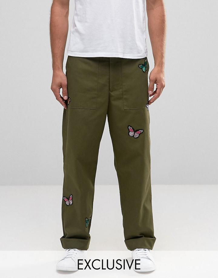 Reclaimed Vintage Military Trousers With Butterfly Patches - Green