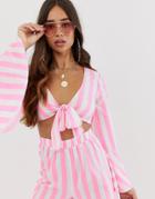 Asos Design Tie Front Beach Crop Top With Ruffle Sleeves In Pink Stripe Two-piece - Multi
