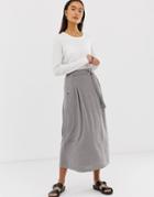 Asos Design Wrap D-ring Midi Skirt In Jersey With Pockets-gray