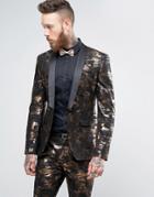 Asos Super Skinny Tuxedo Suit Jacket In Bronze Camo Print - Gold