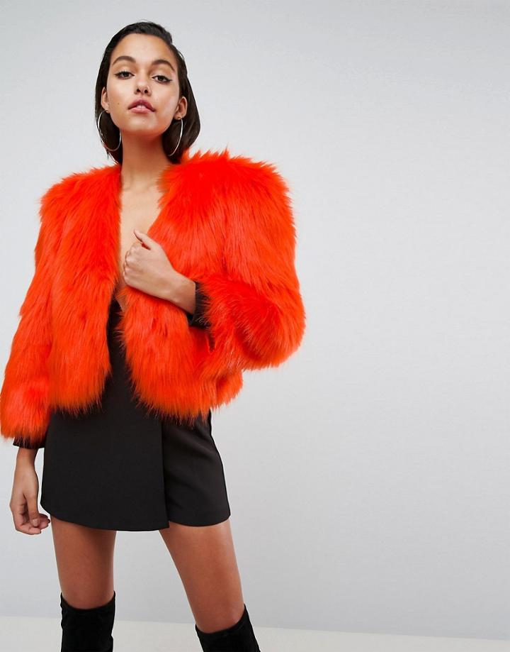 Asos 80's Statement Shoulder Faux Fur Jacket - Orange