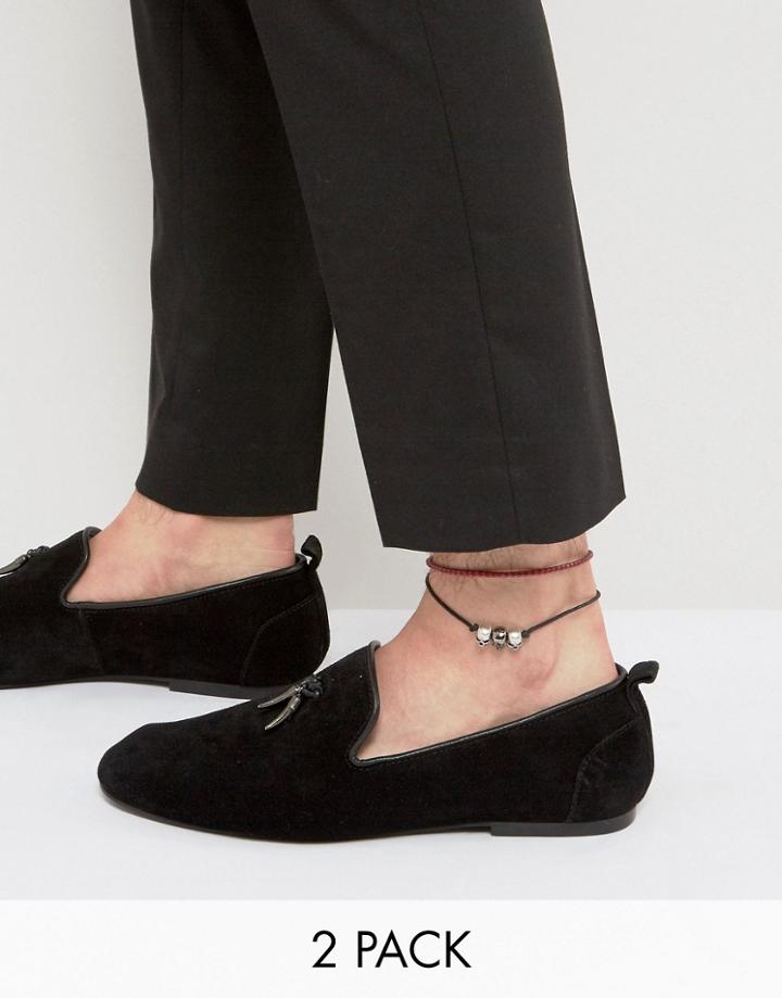 Asos 2 Pack Anklet With Skulls In Black And Red - Black