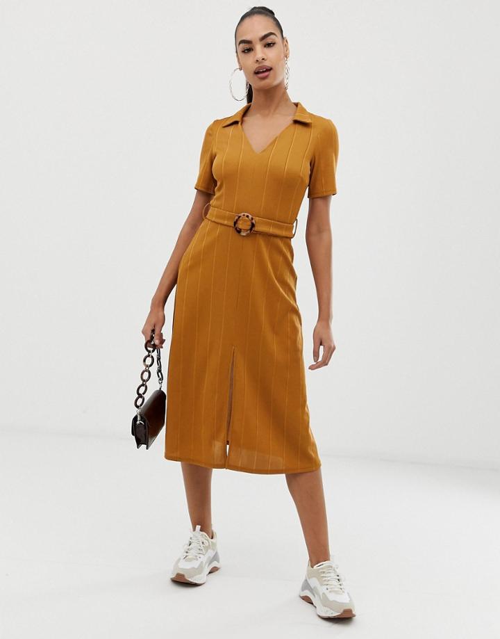 Asos Design Rib Midi Shirt Dress With Faux Tortoiseshell Buckle - Yellow