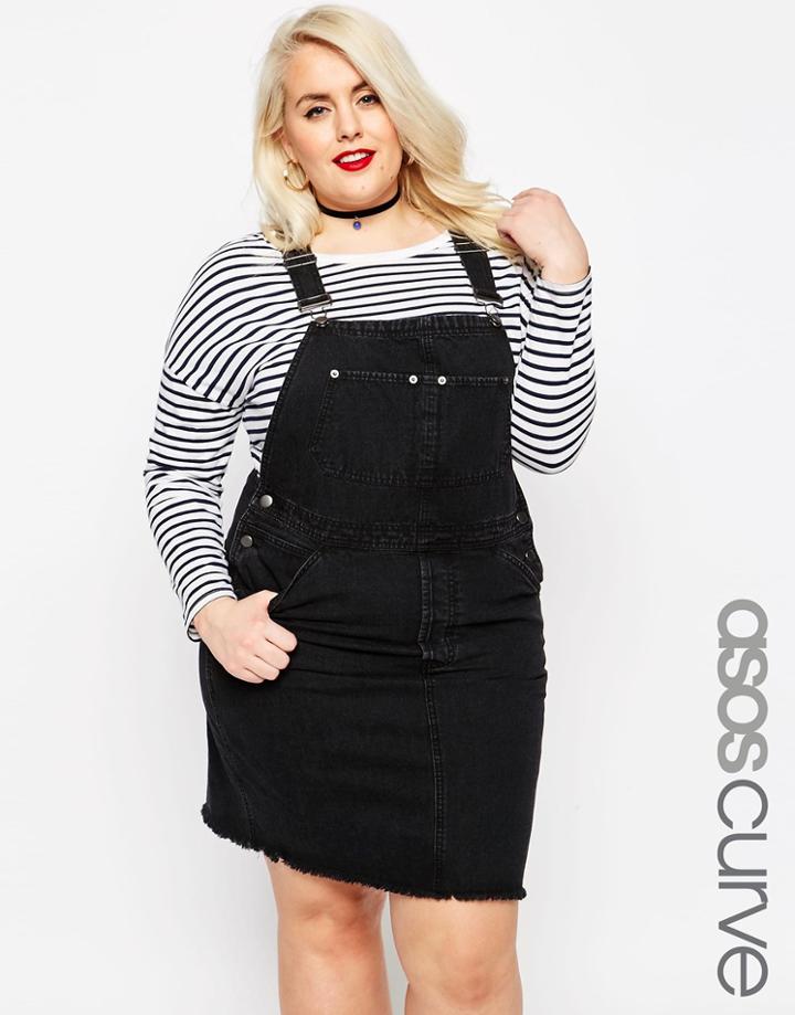 Asos Curve Denim Classic Overall Dress In Black With Raw Hem - Black