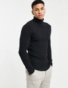 Asos Design Muscle Fit Waffle Knit Roll Neck Sweater In Charcoal-grey