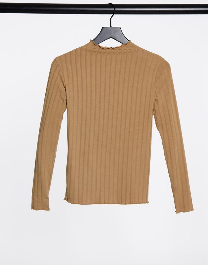 Stradivarius High Neck Top With Lettuce Edge In Beige-neutral