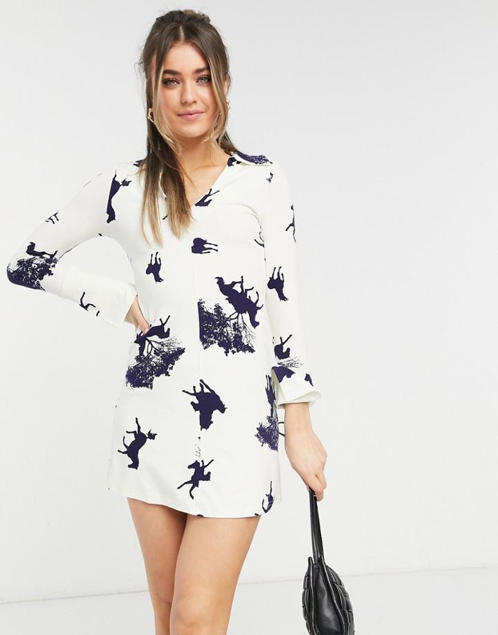 Asos Design Mini Dress With Collar And Flare Sleeves In Cream And Black Horse Print-white