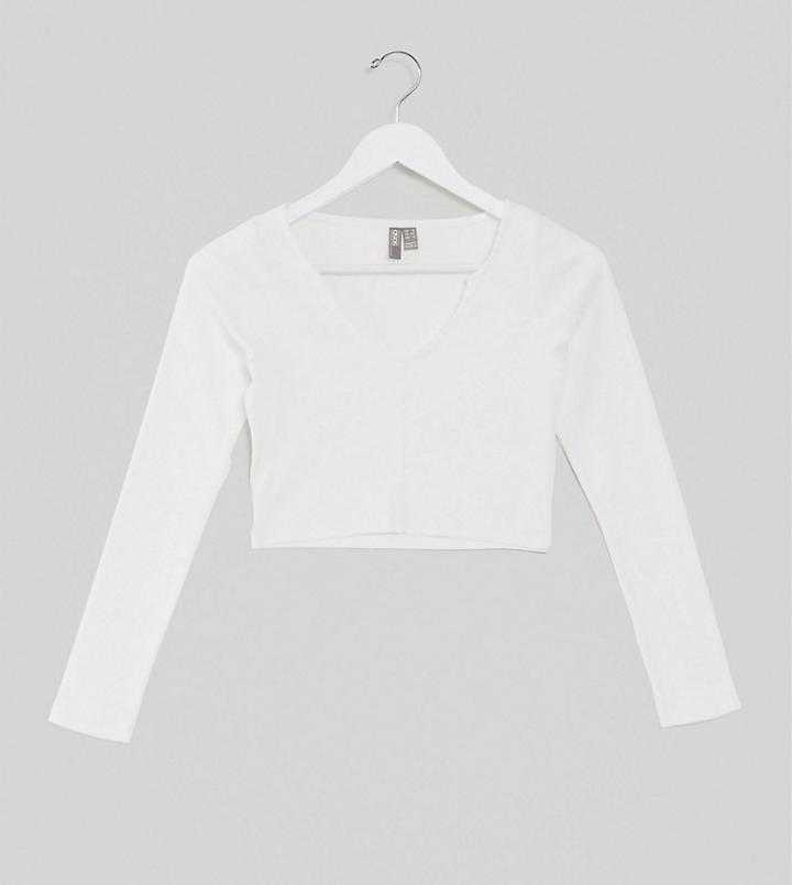 Asos Design Petite Notch Front Long Sleeve Crop Top In Rib In White