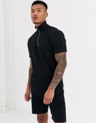 Asos Design Short Sleeve Tracksuit With Half Zip Sweatshirt & Shorts In Black