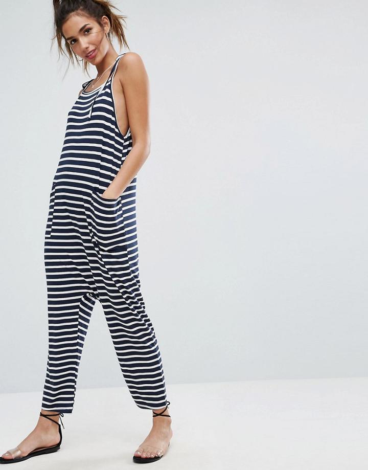 Asos Jersey Minimal Jumpsuit With Ties In Stripe - Navy