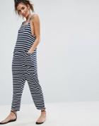 Asos Jersey Minimal Jumpsuit With Ties In Stripe - Navy