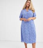 Fashion Union Plus Midi Fitted Shirt Dress In Blue Floral-multi
