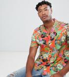 Asos Design Tall Oversized Tropical Postcard Printed Shirt In Red With Revere Collar - Red