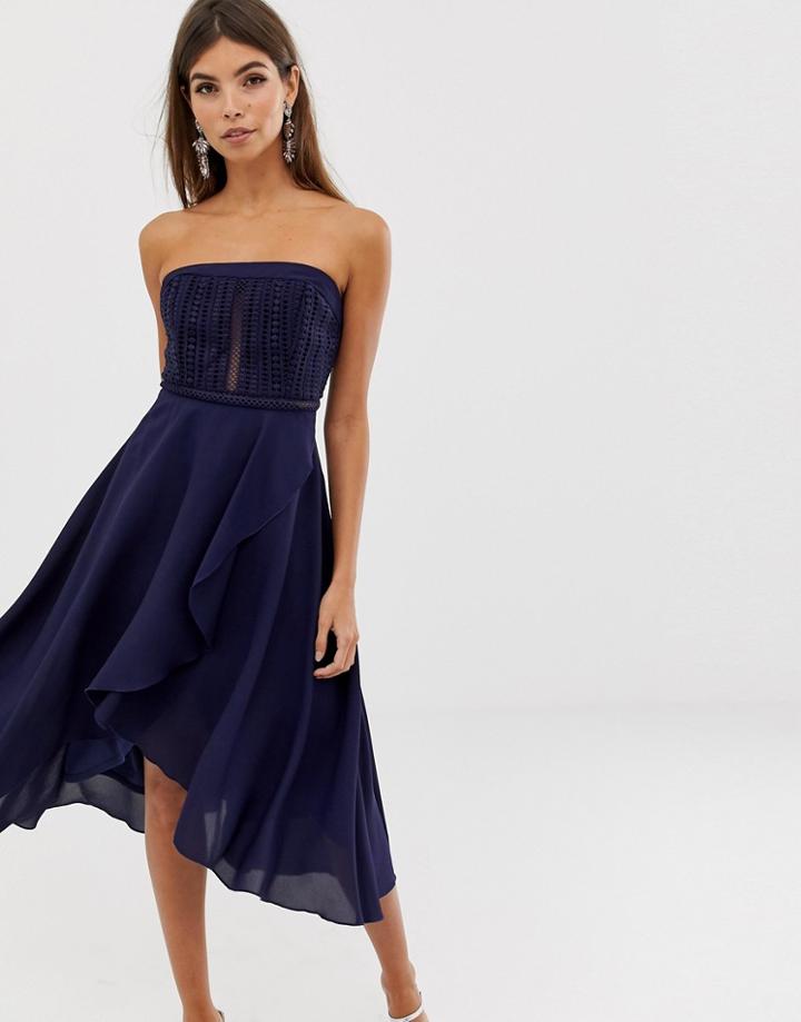 Asos Design Bandeau Lace Bodice Soft Layered Skirt Midi Dress-navy
