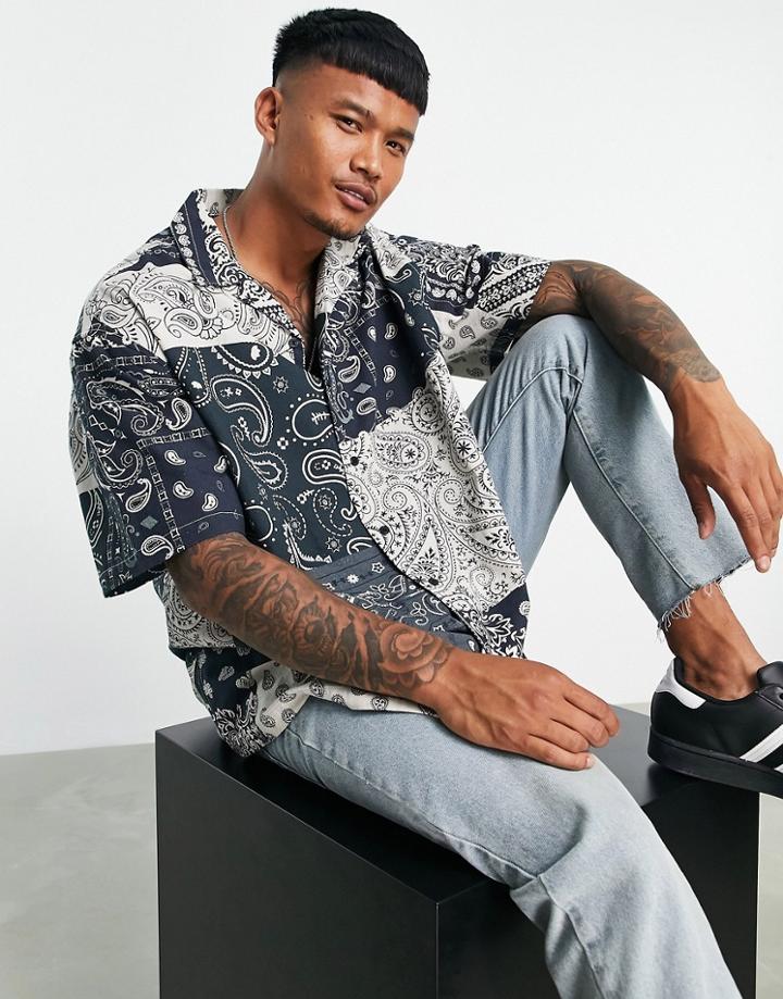 Asos Design Boxy Oversized Shirt In Patchwork Bandana Print-grey