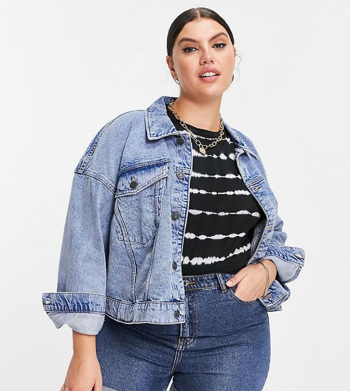 Noisy May Curve Drop Shoulder Denim Jacket In Light Blue-blues
