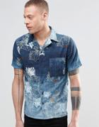Nudie Brandon Short Sleeve Shirt Seaweed Indigo Print - Blue