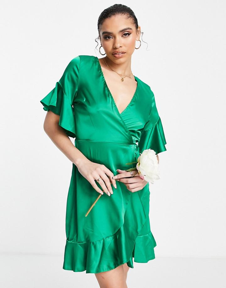 Ax Paris Satin Ruffle Mini Dress In Green