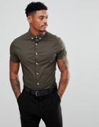 Asos Design Skinny Shirt In Khaki With Short Sleeves And Button Down Collar - Black