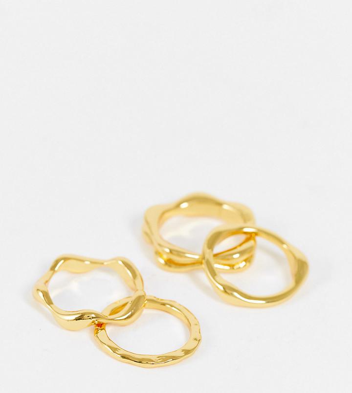 Asos Design 14k Gold Plated Pack Of 4 Rings In Wavey Melt Design