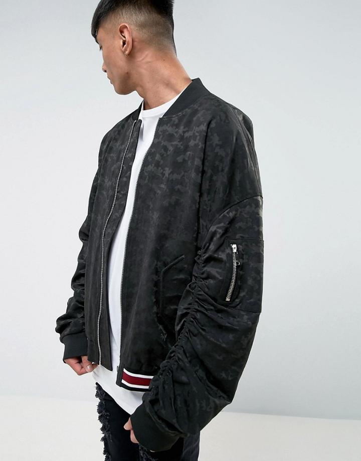 Mennace Oversized Bomber With Ruched Sleeve In Black Camo - Black