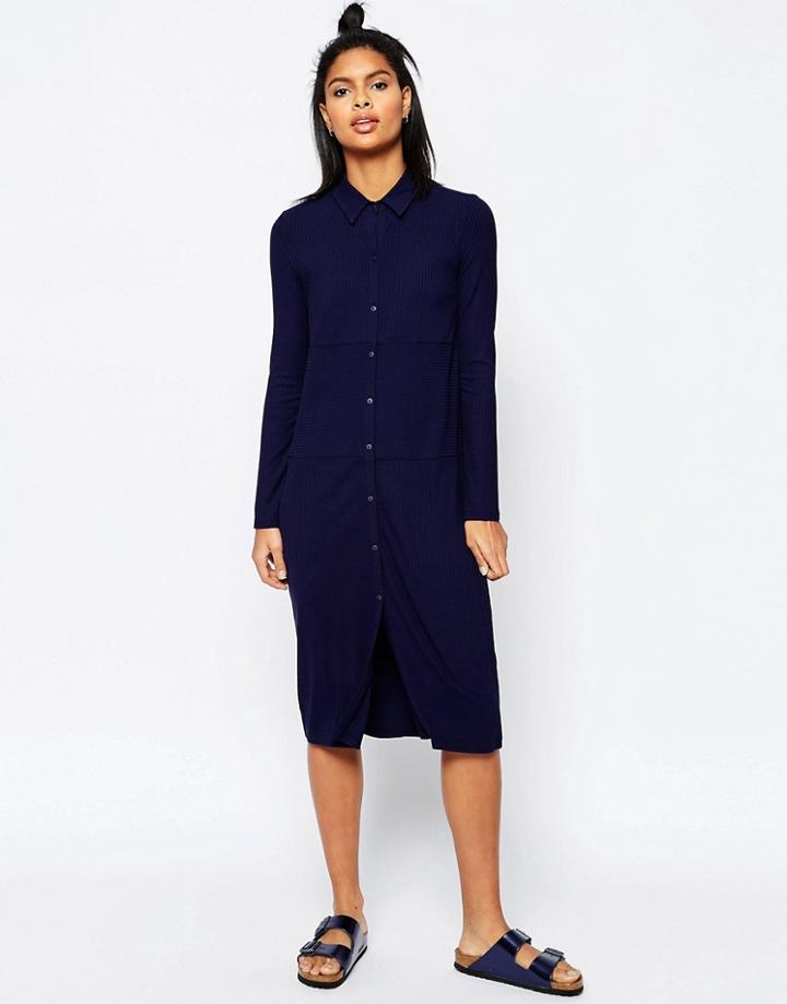 Asos Midi Shirt Dress In Rib - Navy