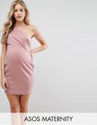 Asos Maternity One Shoulder Scuba Deep Fold Mini Dress With Exposed Zip - Beige