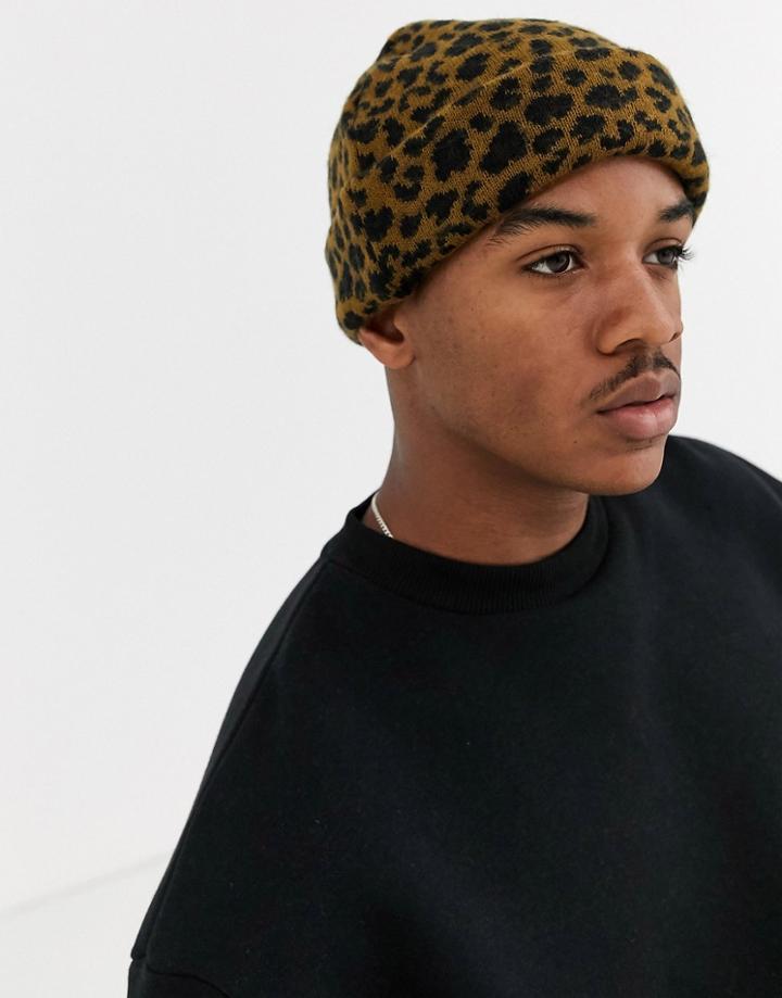 Asos Design Fisherman Beanie In Brown Leopard Print