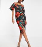 Asos Design Tall Sweetheart Neck Wrap Tuck Off Shoulder Bardot Midi Dress In Red Rose Print-multi