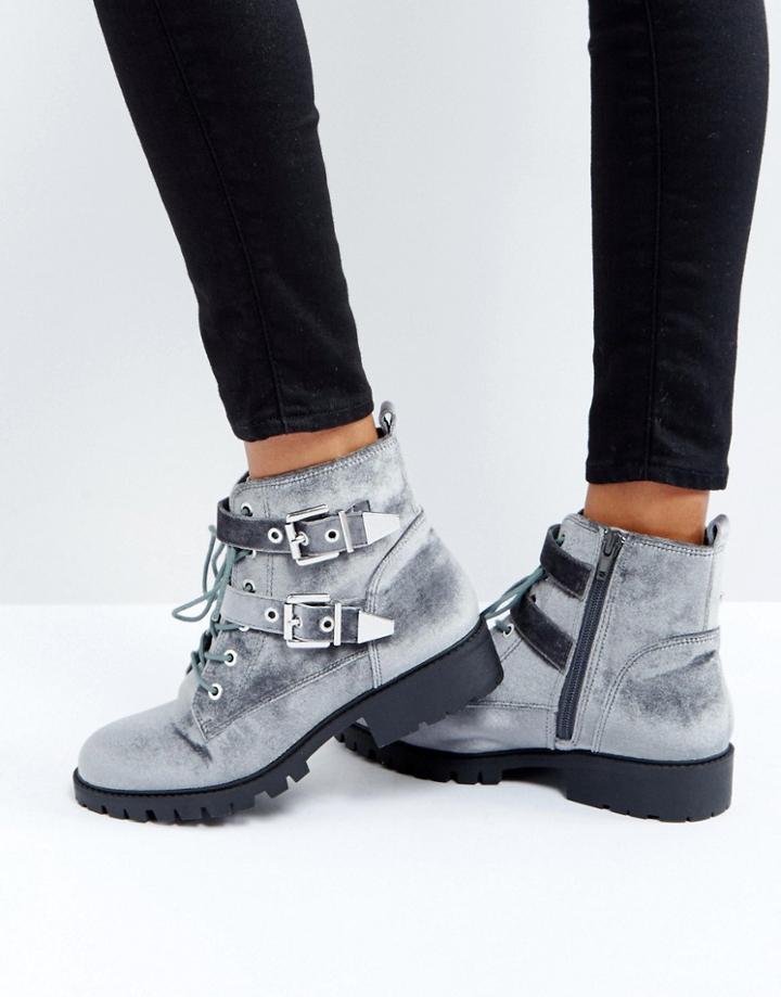 London Rebel Metal Trim Buckle Biker Boots - Gray