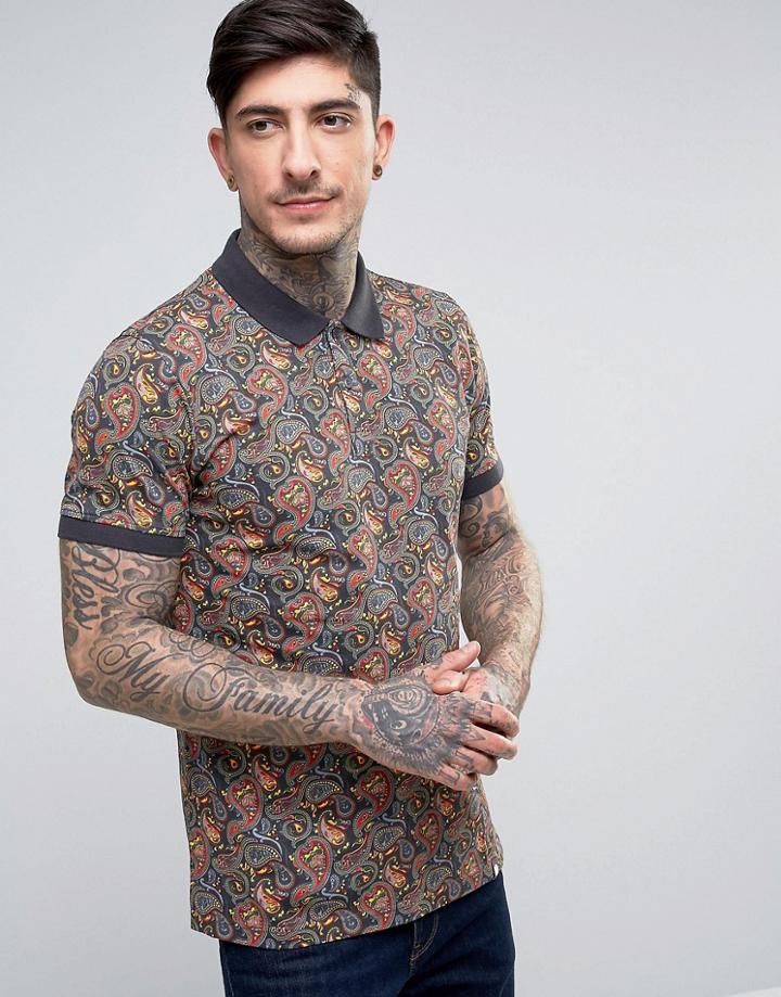Pretty Green Gretton Pique Polo All Over Paisley Print - Black