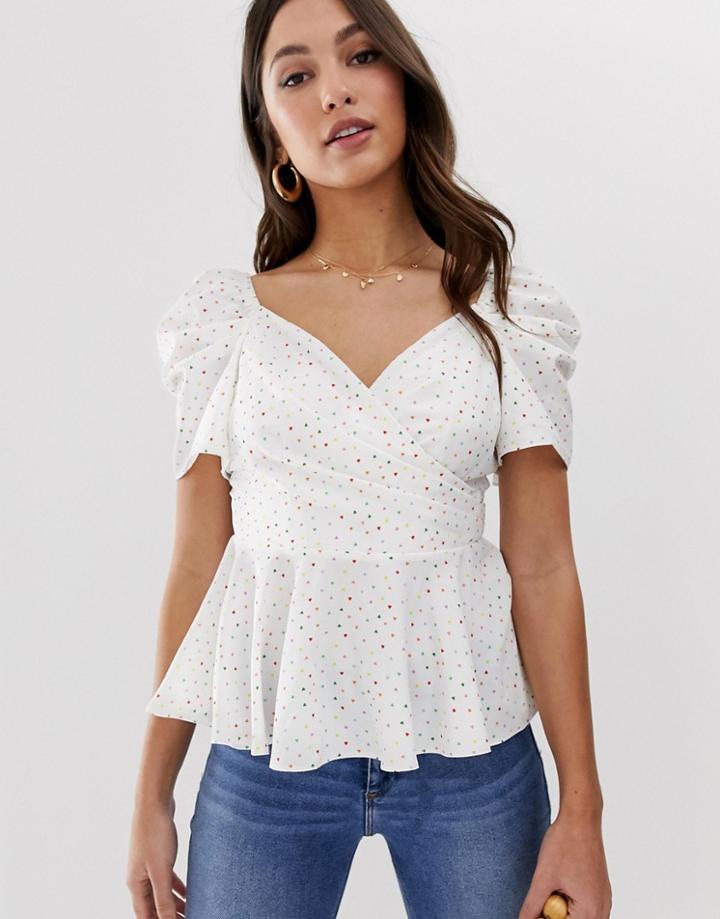 Asos Design Wrap Tea Blouse In Heart Print - Multi