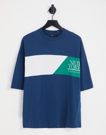 Asos Design Oversized T-shirt In Navy And Green Color Block With New York City Print