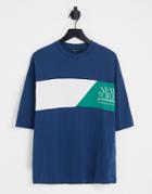 Asos Design Oversized T-shirt In Navy And Green Color Block With New York City Print