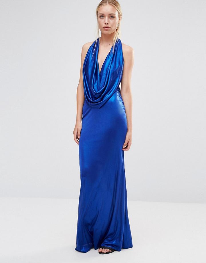 City Goddess Foil Cowl Neck Maxi Dress With Exposed Back - Blue