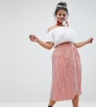 Asos Design Curve Cotton Midi Skirt With Button Front In Stripe - Multi