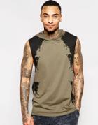 Asos Sleeveless T-shirt With Hood And Brushstroke Print - Spinach