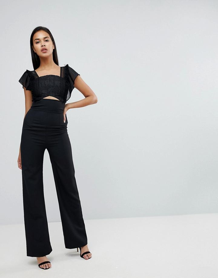 Dark Pink Wide Leg Jumpsuit With Lace Trim And Fluted Ruffle Sleeve - Black
