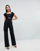 Dark Pink Wide Leg Jumpsuit With Lace Trim And Fluted Ruffle Sleeve - Black