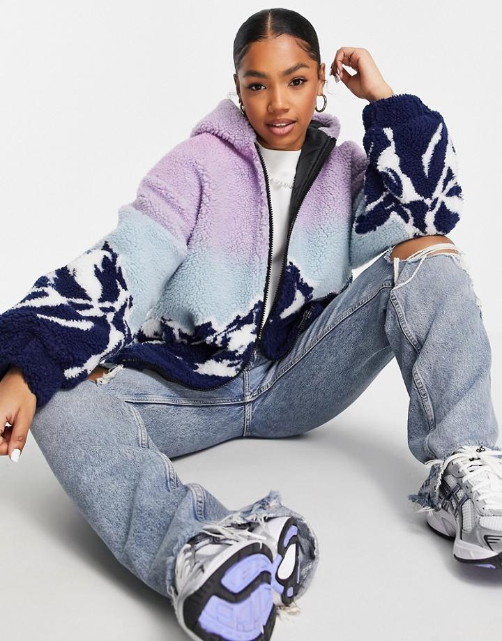 Asos Design Sherpa Landscape Print Hooded Jacket-multi