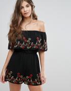 Parisian Off Shoulder Embroidered Romper - Black