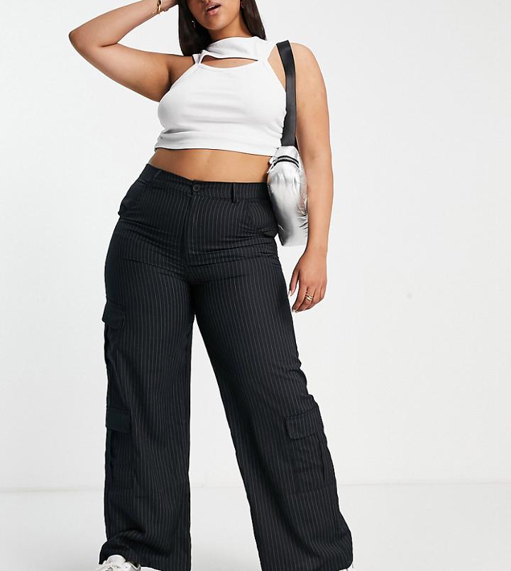 Daisy Street Plus Y2k Relaxed Cargo Pants In Navy Pinstripe